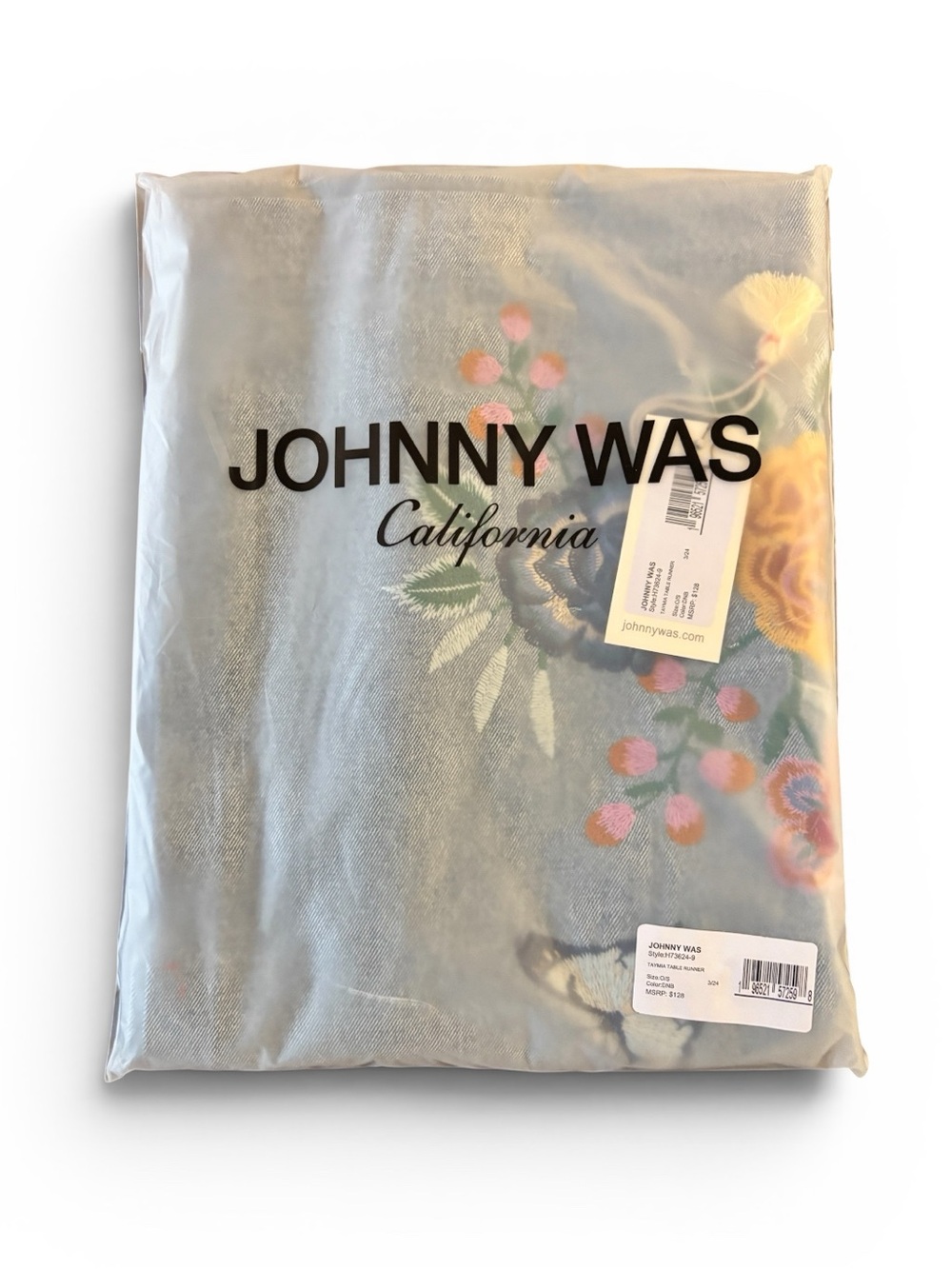 JOHNNY WAS Taymia Embroidered Table Runner | Denim Blue Floral Butterflies - Picture 6 of 6
